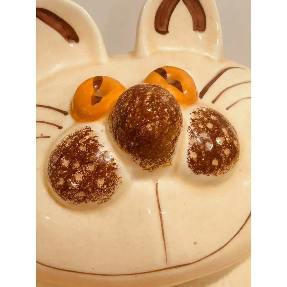 Vintage Ceramic Cat Cookie Jar Hand Painted Whimsical MCM Kitchen Decor